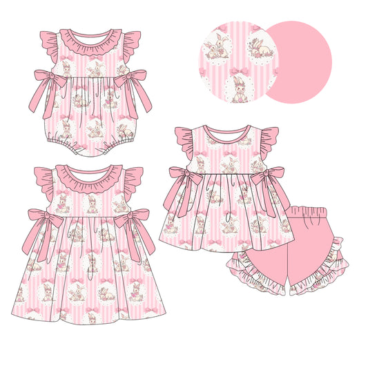 26.1.5 Custom MOQ:3 or 5 pcs each design milk silk Sibling baby girl clothes easter bow short sleeve shorts sets and dress and romper