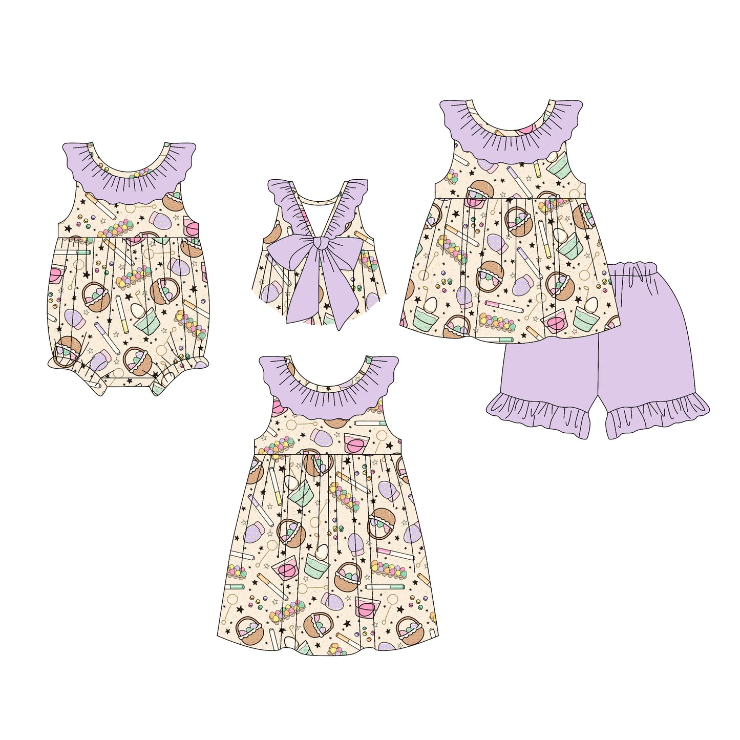 26.1.13 Custom MOQ:3 or 5 pcs each design milk silk Sibling baby girl clothes easter short sleeve shorts sets and dress and romper
