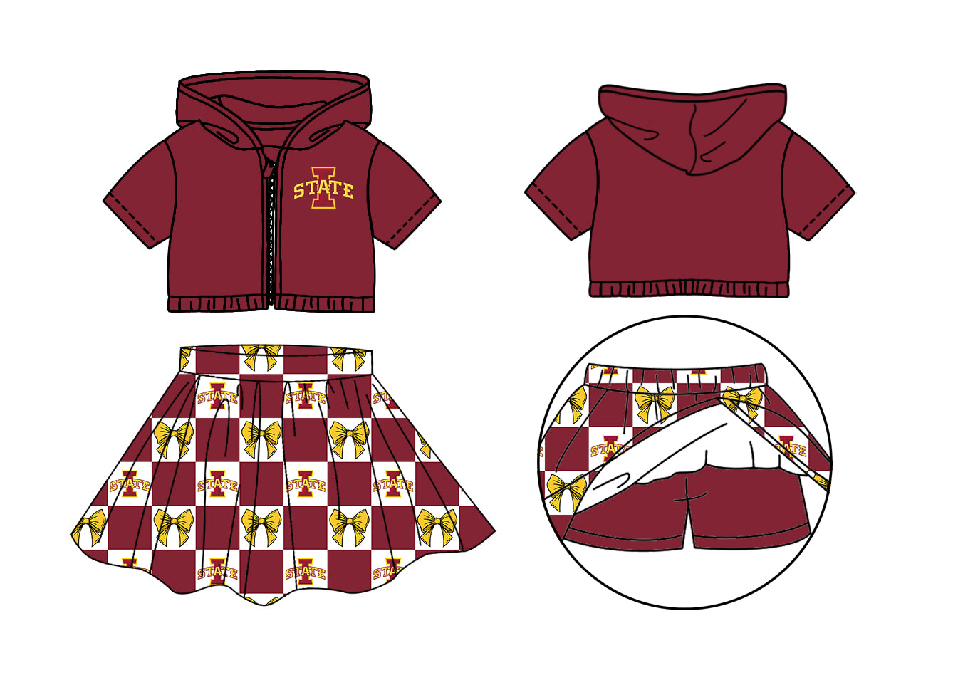 Custom Moq 3 or 5 Team Design Baby Girl State Bows Zipper Hoodie Jackets Skirt Short Team Clothes Sets