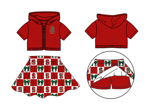 1.28 Custom Moq 3 Baby Girl Summer USC Bows Zipper Hoodie Jackets Skirt Short Team Clothes Sets