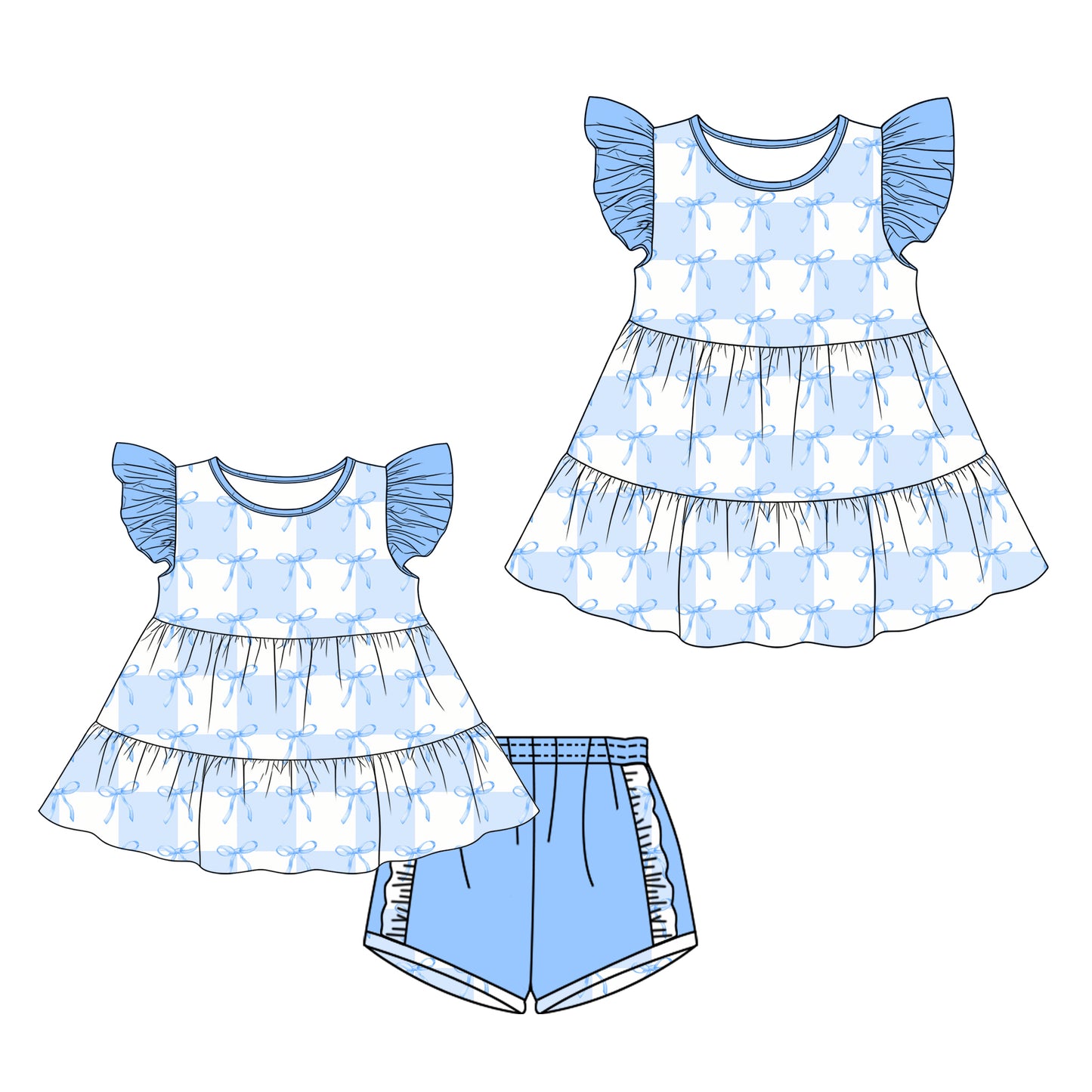 26.1.19 Custom MOQ:3 or 5 pcs each design milk silk Sibling baby girl clothes bow short sleeve shorts sets and dress