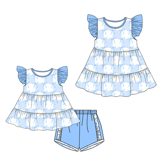 26.1.19 Custom MOQ:3 or 5 pcs each design milk silk Sibling baby girl clothes bow short sleeve shorts sets and dress