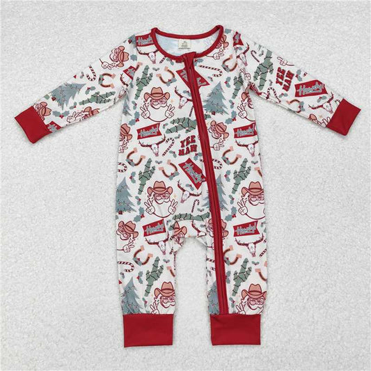 LR1278 Baby Infant Boys Christmas Western Cactus Santa Bamboo Zip Romper