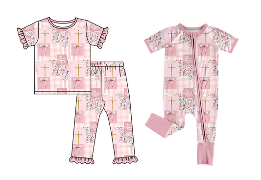 26.1.3 Custom MOQ:3 or 5 pcs each design milk silk Sibling baby girl clothes easter bow floral short sleeve pants sets and romper