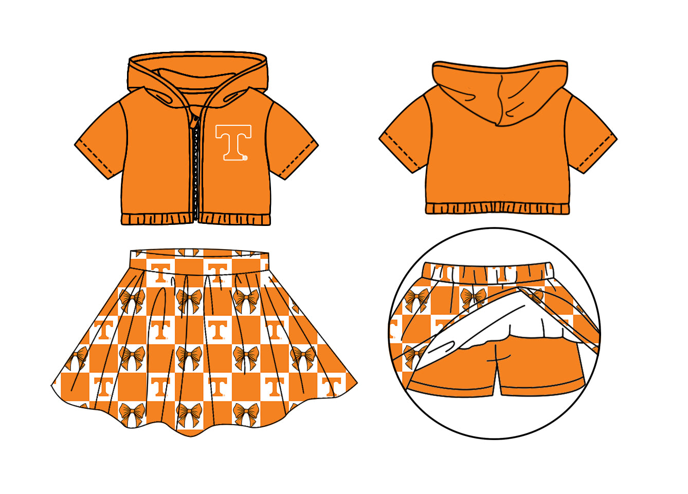 Custom Milk Silk Order MOQ:3 or 5 pcs Each Design Team State Girl Summer Bow Orange Sleeveless Skirts Sets 3 and dress and shorts-26.1.20