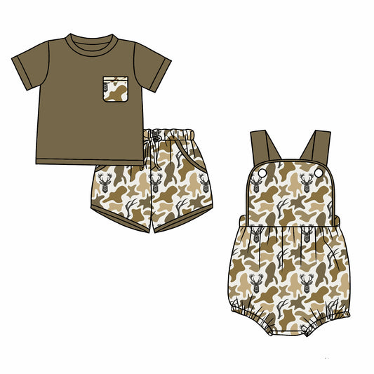 26.1.1 Custom MOQ:3 or 5 pcs each design milk silk Sibling baby boy clothes camouflage short sleeve shorts sets and romper