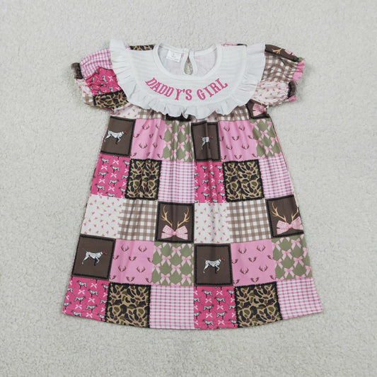 RTS NO MOQ(In Stock) GSD3484 Embroidered Daddy's Girl Camouflage Check Pink Short-Sleeve Dress