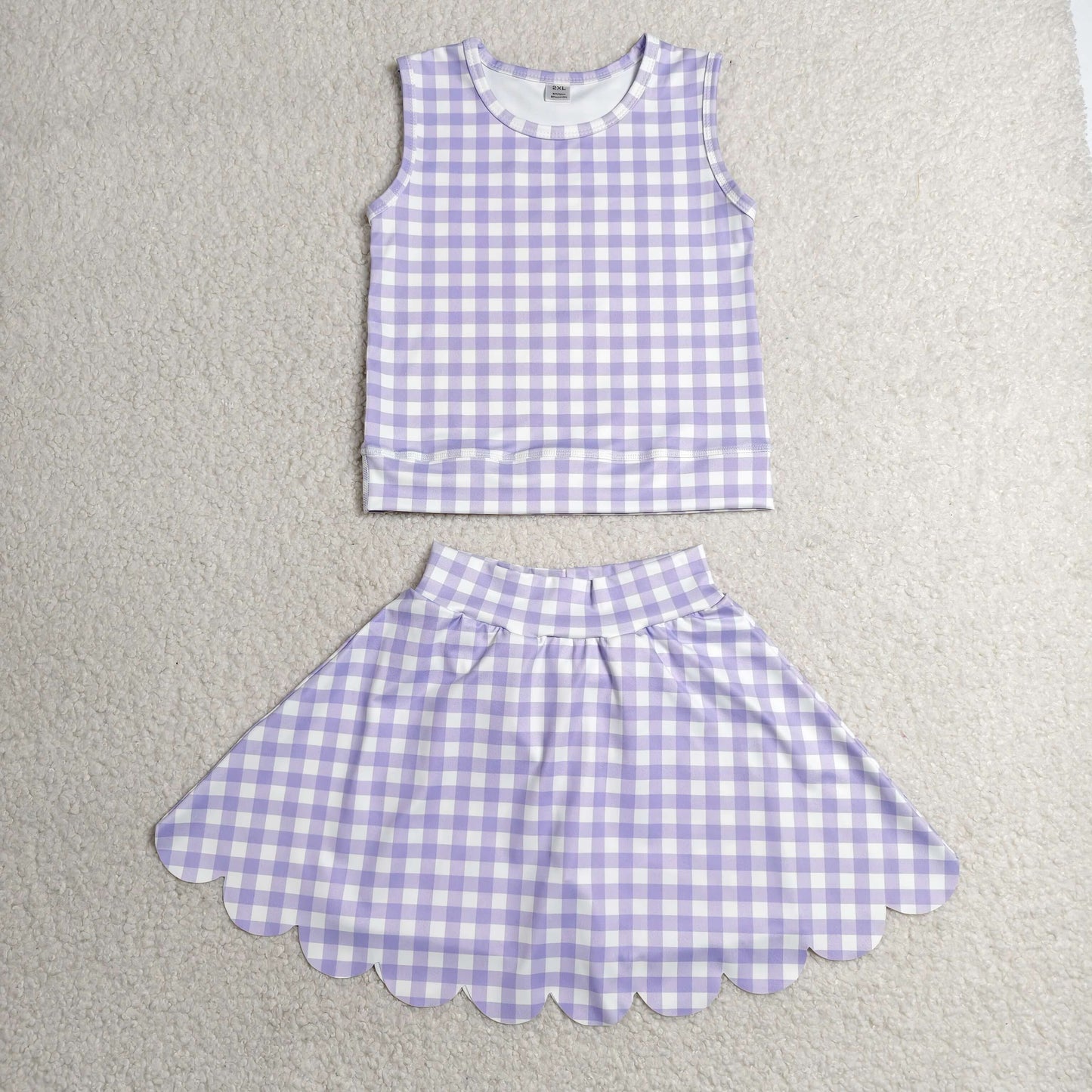 GSD4067 Kids Baby Girls Lavender Checked Vest Scallop Skirt Short Yoga Active Clothes Set