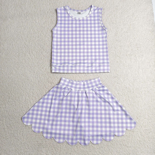 GSD4067 Kids Baby Girls Lavender Checked Vest Scallop Skirt Short Yoga Active Clothes Set
