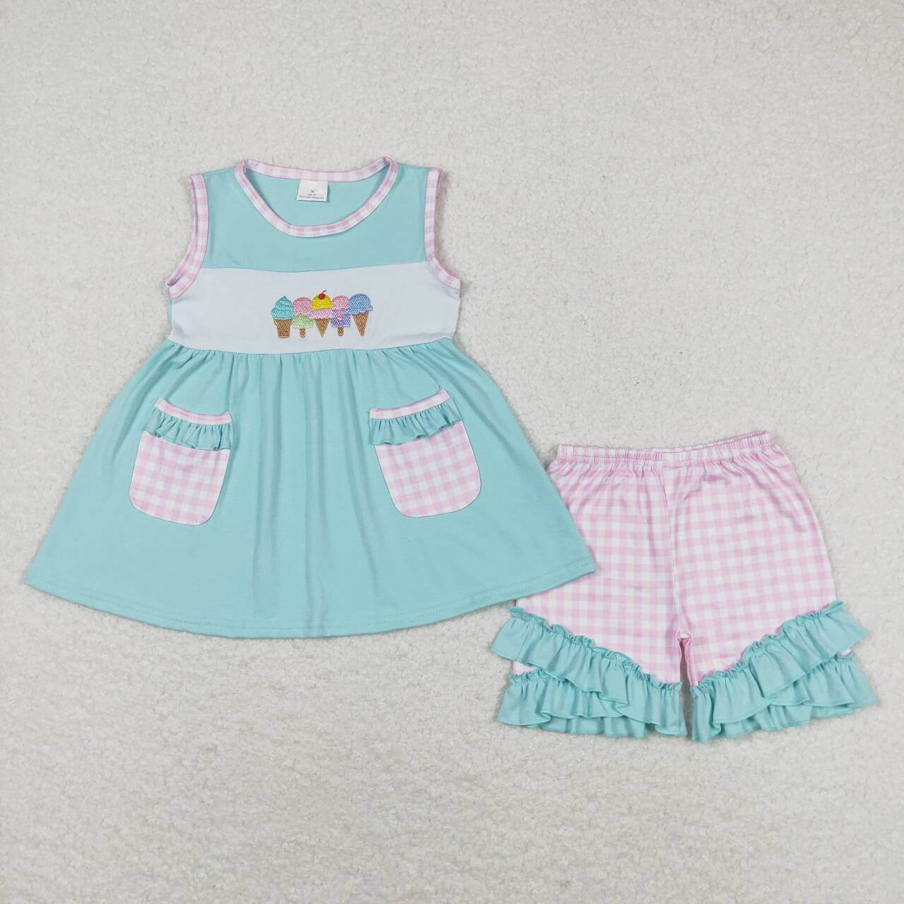 GSSO0826 Embroidered ice cream ice cream check pocket teal sleeveless shorts set