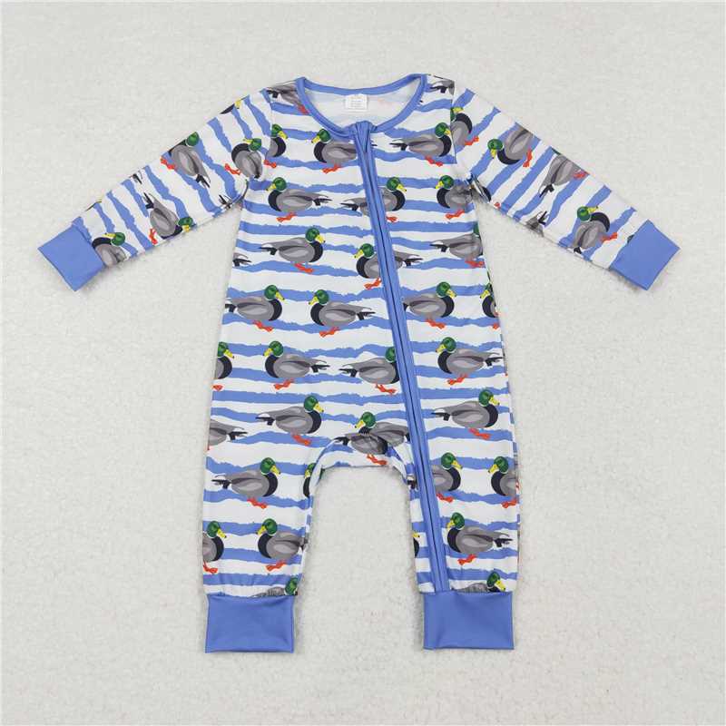 LR1645 Baby Infant Boys Fall Stripes Ducks Bamboo Zip Romper