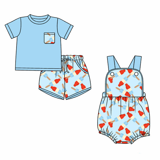 26.1.1 Custom MOQ:3 or 5 pcs each design milk silk Sibling baby boy clothes short sleeve shorts sets and romper