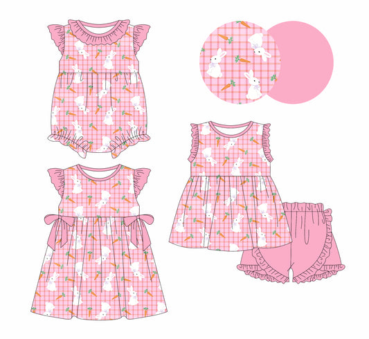 26.1.6 Custom MOQ:3 or 5 pcs each design milk silk Sibling baby girl clothes easter short sleeve shorts sets and dress and romper