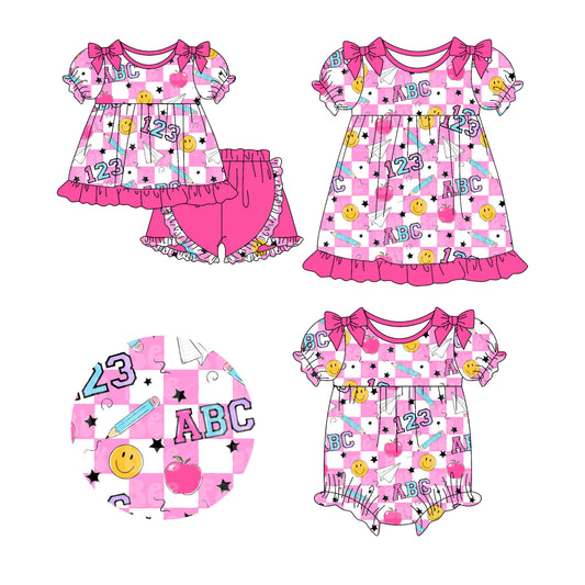 26.1.2 Custom MOQ:3 or 5 pcs each design milk silk Sibling baby girl clothes ABC short sleeve shorts sets and dress and romper