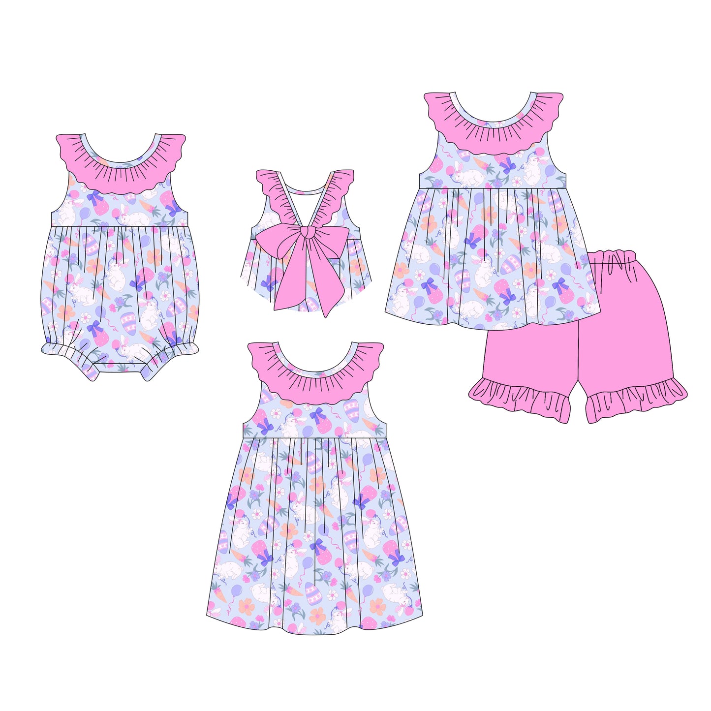 26.1.14 Custom MOQ:3 or 5 pcs each design milk silk Sibling baby girl clothes easter bow short sleeve shorts sets and dress and romper