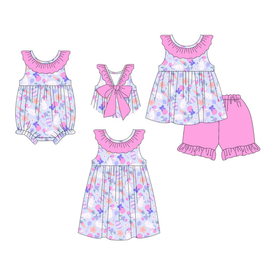 26.1.14 Custom MOQ:3 or 5 pcs each design milk silk Sibling baby girl clothes easter bow short sleeve shorts sets and dress and romper