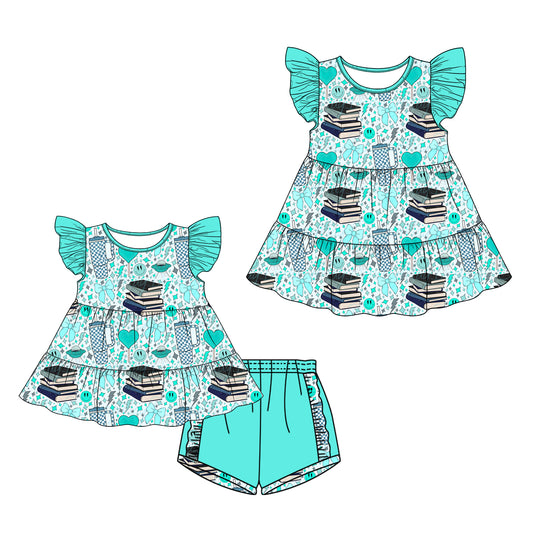 26.1.19 Custom MOQ:3 or 5 pcs each design milk silk Sibling baby girl clothes book bow short sleeve shorts sets and dress