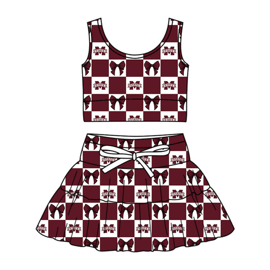 Custom Milk Silk Order MOQ:3 or 5 pcs Each Design Team State Girl Summer Bow Dark Red Sleeveless Skirts Sets-26.1.19