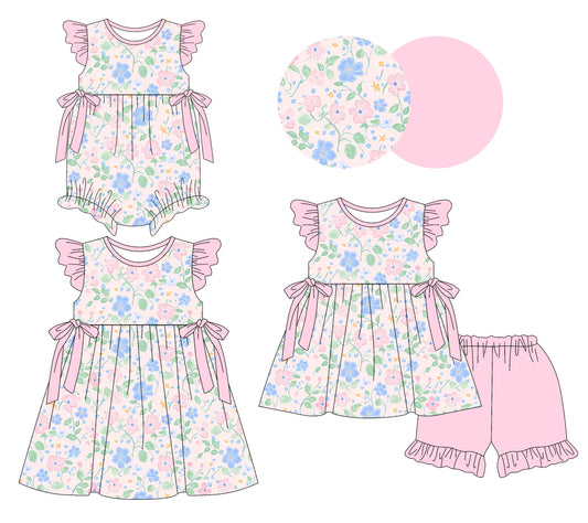 26.1.12 Custom MOQ:3 or 5 pcs each design milk silk Sibling baby girl clothes floral short sleeve shorts sets and dress and romper
