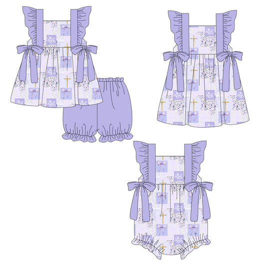 26.1.3 Custom MOQ:3 or 5 pcs each design milk silk Sibling baby girl clothes easter bow floral short sleeve shorts sets and dress and romper