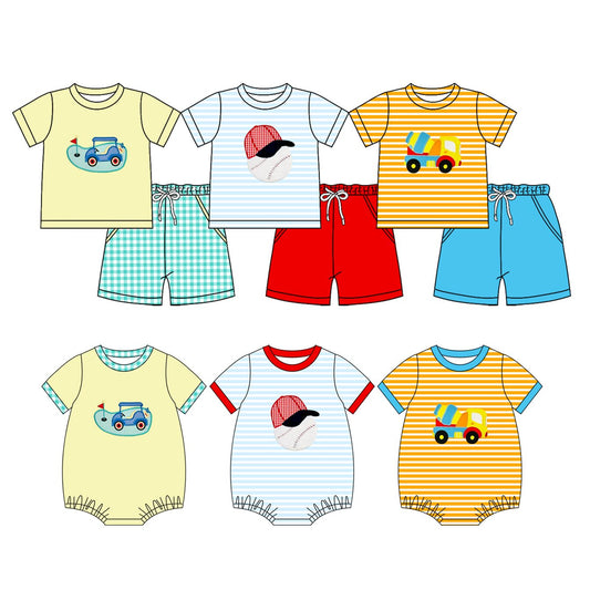26.1.21 Custom MOQ:3 or 5 pcs each design milk silk Sibling baby boy clothes short sleeve shorts sets 3 and rompers 3