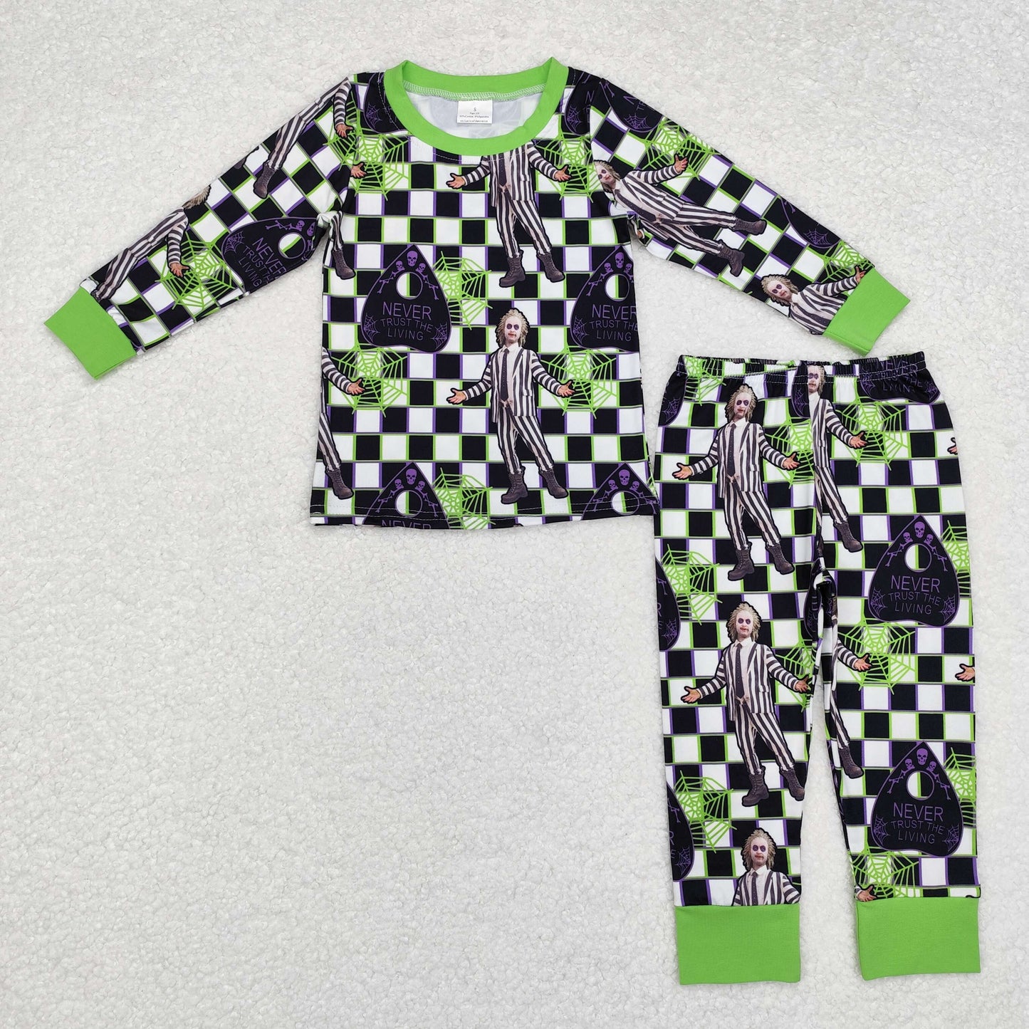 BLP0801 Baby Boys Halloween Green Spider Top Pants Pajamas Outfits Sets