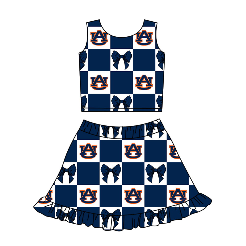 Custom Milk Silk Order MOQ:3 or 5 pcs Each Design Team State Girl Summer Bow Dark Blue Sleeveless Skirts Sets-26.1.17