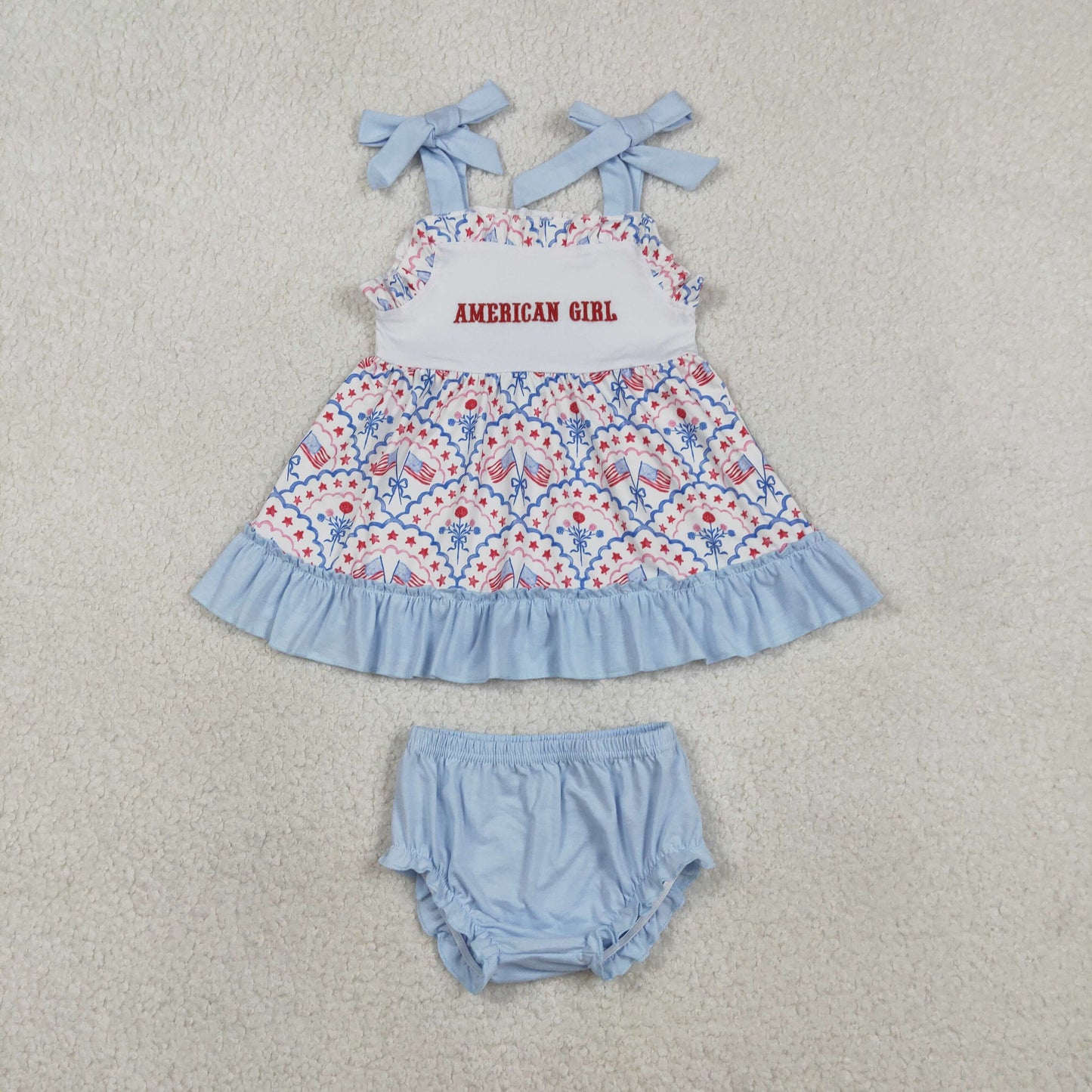 RTS NO MOQ（In Stock) SR3648 Blue Suspender Jumpsuit with Embroidered American Girl Flag and Star Pattern