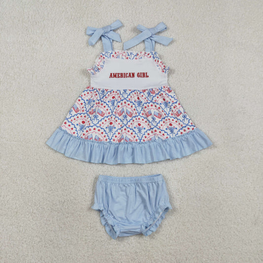 RTS NO MOQ（In Stock) SR3648 Blue Suspender Jumpsuit with Embroidered American Girl Flag and Star Pattern