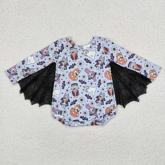 LR1341 Baby Infant Girls Halloween Dogs Bats Long Sleeve Romper