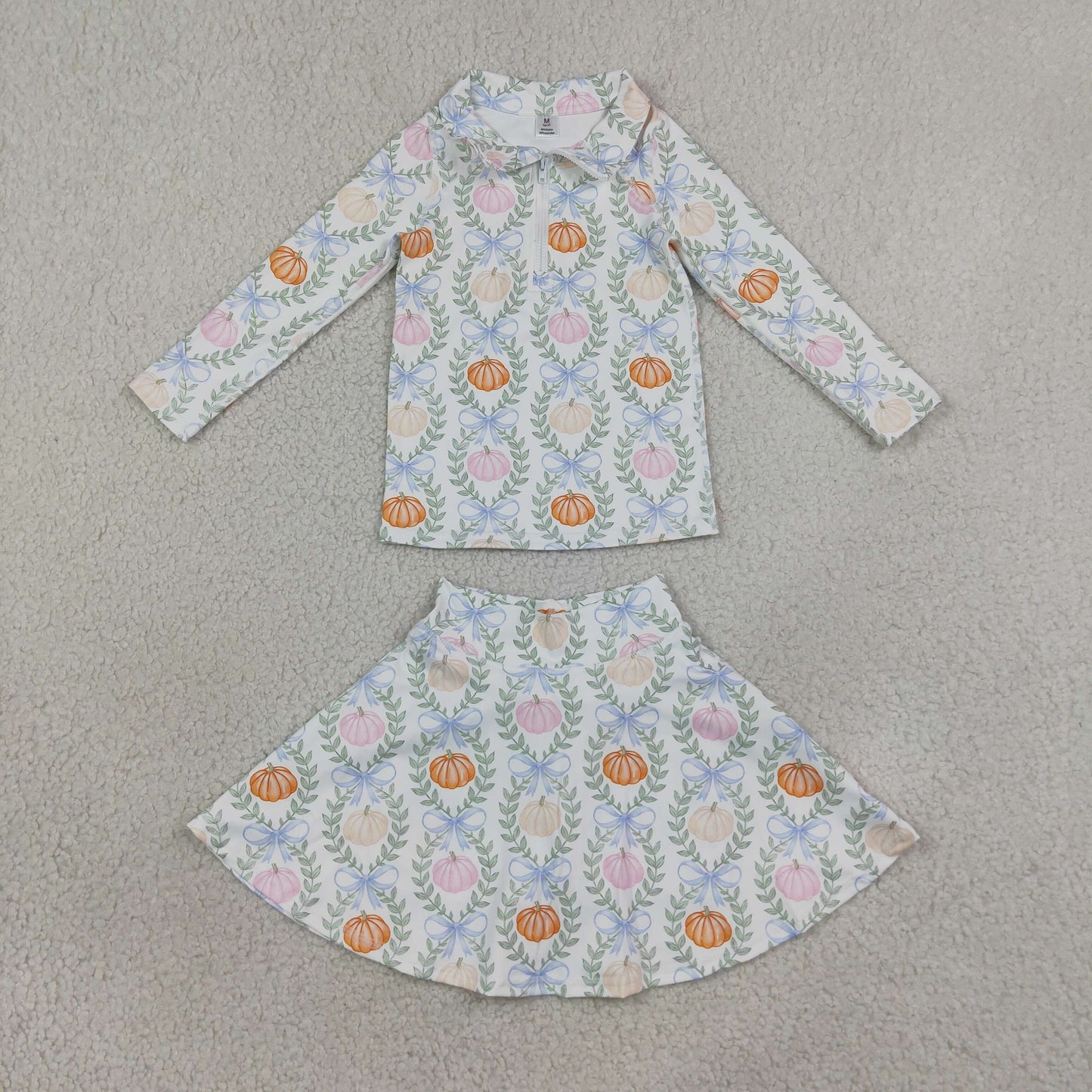 GLD1635 Kids Clothing Baby Girls Pumpkins Bows Zipper Pullover Skirt Short Fall Yoga Active Clothes Sets