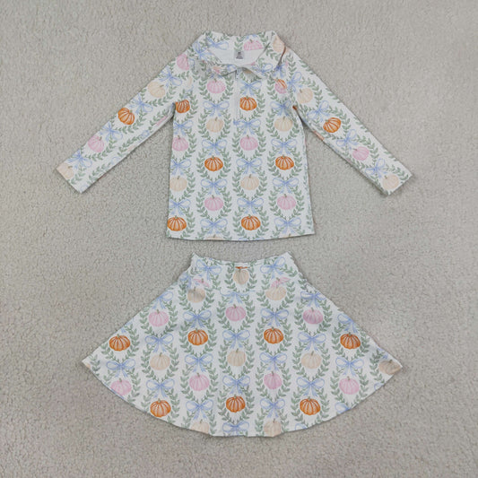 GLD1635 Kids Clothing Baby Girls Pumpkins Bows Zipper Pullover Skirt Short Fall Yoga Active Clothes Sets