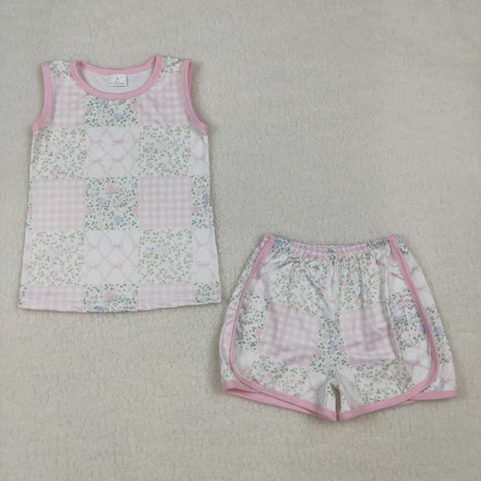 GSSO3168 Kids Baby Girls Pink Checked Flowers Top Shorts Clothes Sets