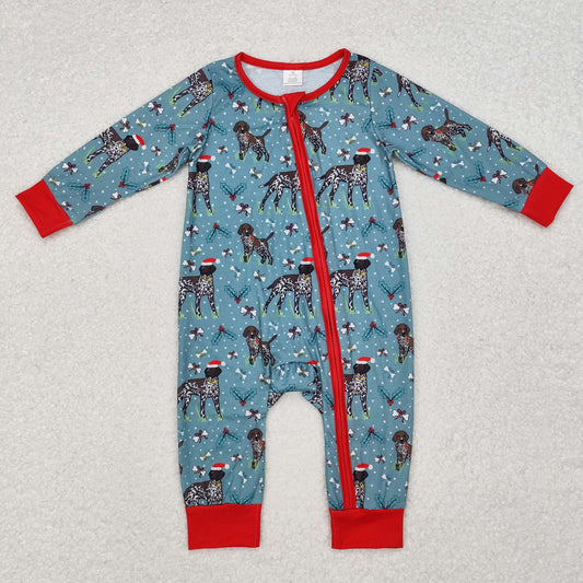 LR1768 Baby Infant Boys Christmas Dogs Zip Long Sleeve Romper