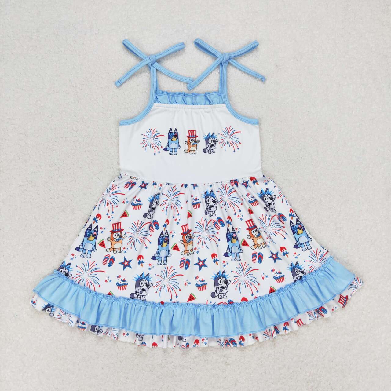 GSD1069 National Day cartoon dog fireworks blue and white lace halter dress