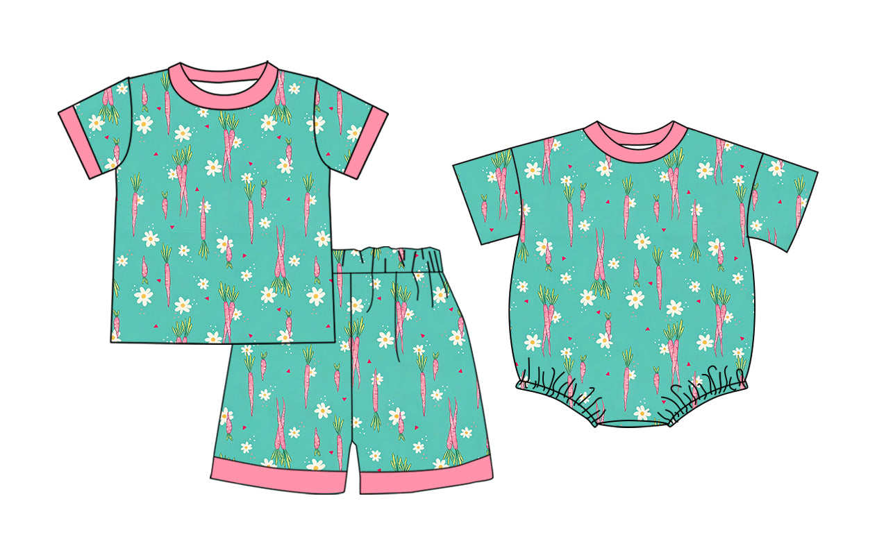26.1.6 Custom MOQ:3 or 5 pcs each design milk silk Sibling baby girl clothes easter short sleeve shorts sets and romper