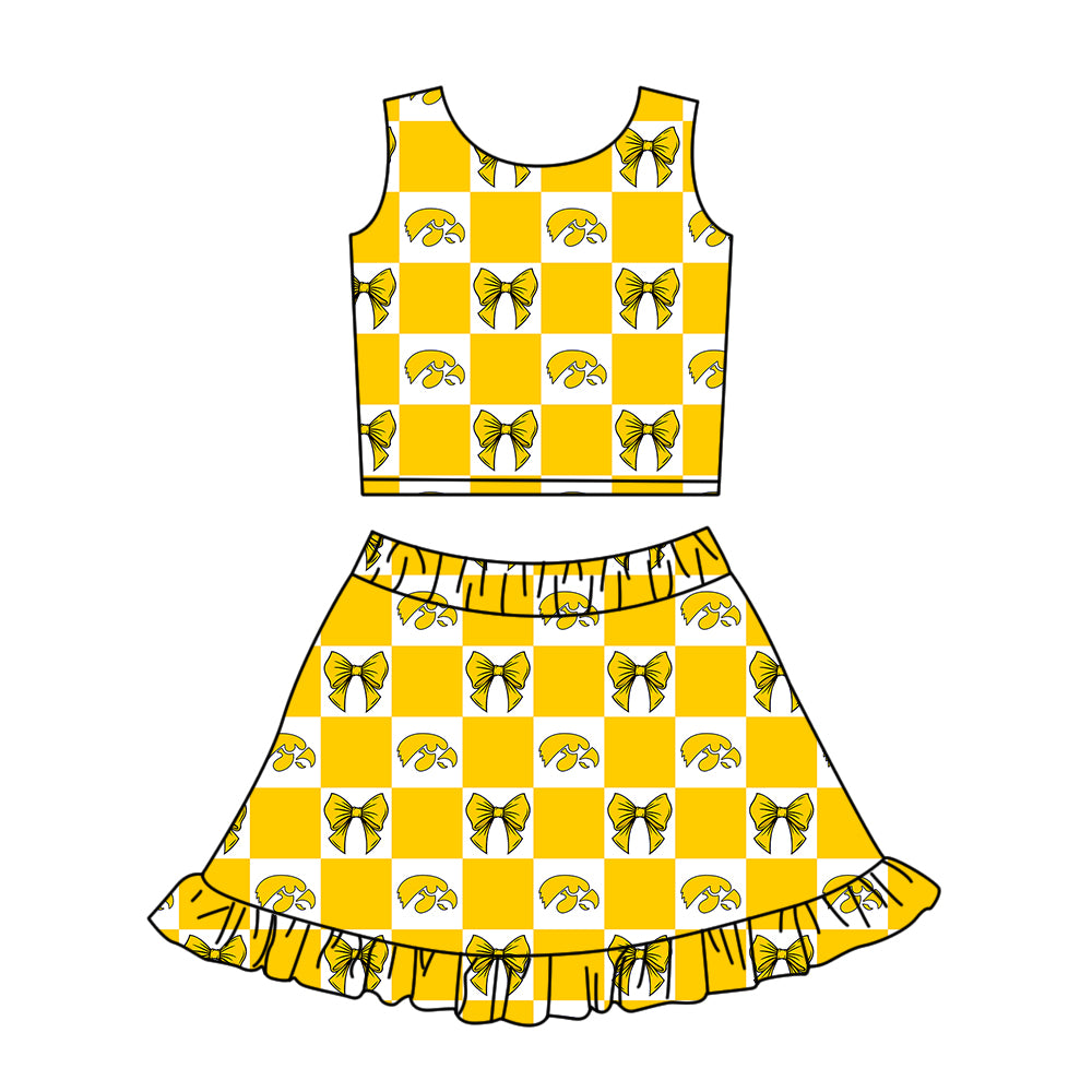 Custom Milk Silk Order MOQ:3 or 5 pcs Each Design Team State Girl Summer Bow Yellow Sleeveless Skirts Sets-26.1.21