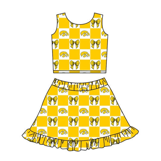 Custom Milk Silk Order MOQ:3 or 5 pcs Each Design Team State Girl Summer Bow Yellow Sleeveless Skirts Sets-26.1.21