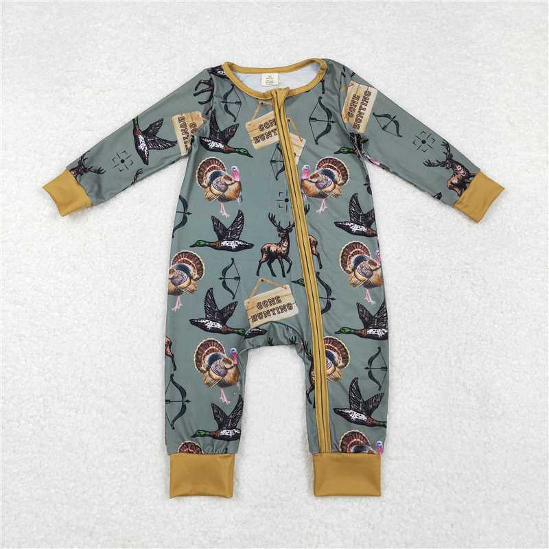 LR1680 Baby Infant Boys Hunting Deers Ducks Bamboo Zip Romper