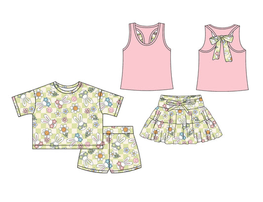 26.1.13 Custom MOQ:3 or 5 pcs each design milk silk Sibling baby girl clothes bunny floral short sleeve shorts sets and skirts sets