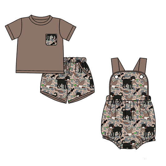 26.1.1 Custom MOQ:3 or 5 pcs each design milk silk Sibling baby boy clothes camouflage duck puppy short sleeve shorts sets and romper