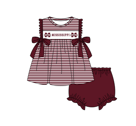 1.30 Custom Order Moq 3 Baby Girl Mississippi Bows Stripe Tunic Top Bummies Team Clothes Sets