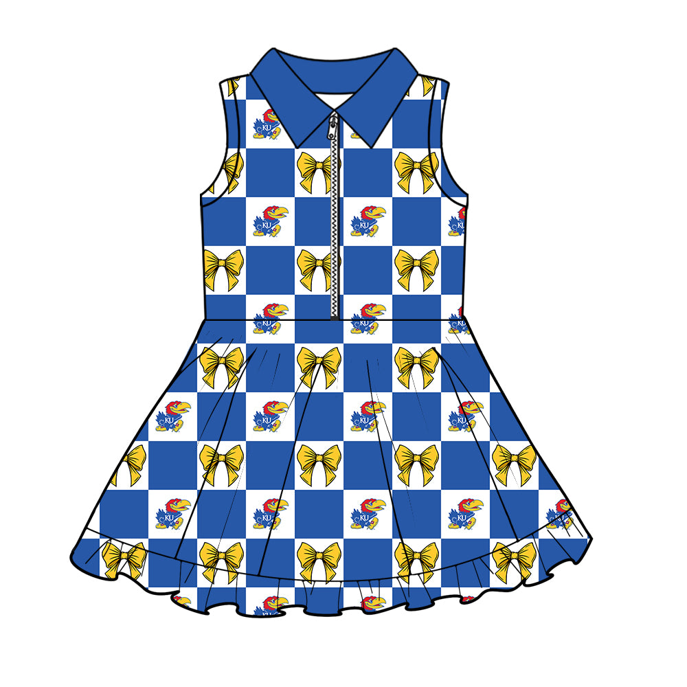 Custom MOQ 3 or 5 pcs Team Design Girl Summer Blue KU Bows Checked Zipper Sleeveless Dress