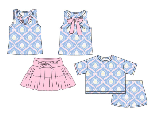 26.1.9 Custom MOQ:3 or 5 pcs each design milk silk Sibling baby girl clothes eggs bow short sleeve shorts sets and skirts sets