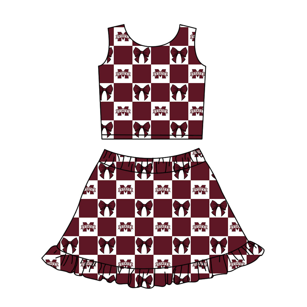 Custom Milk Silk Order MOQ:3 or 5 pcs Each Design Team State Girl Summer Bow Dark Red Sleeveless Skirts Sets-26.1.19