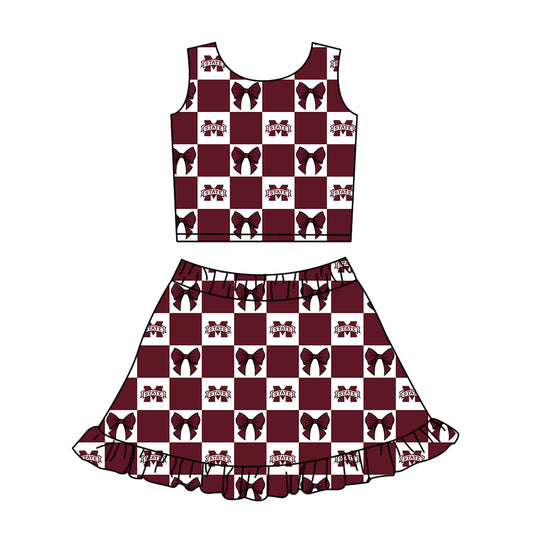 Custom Milk Silk Order MOQ:3 or 5 pcs Each Design Team State Girl Summer Bow Dark Red Sleeveless Skirts Sets-26.1.19