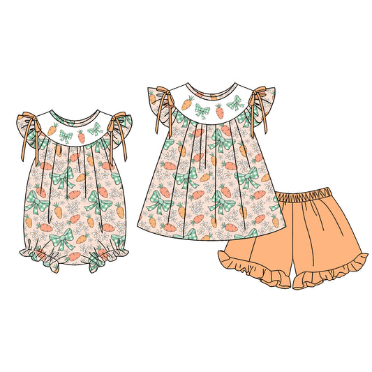 26.1.10 Custom MOQ:3 or 5 pcs each design milk silk Sibling baby girl clothes carrot bow short sleeve shorts sets and romper