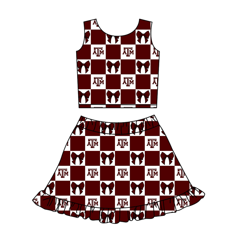 Custom Milk Silk Order MOQ:3 or 5 pcs Each Design Team State Girl Summer Bow Dark red Sleeveless Skirts Sets-26.1.20