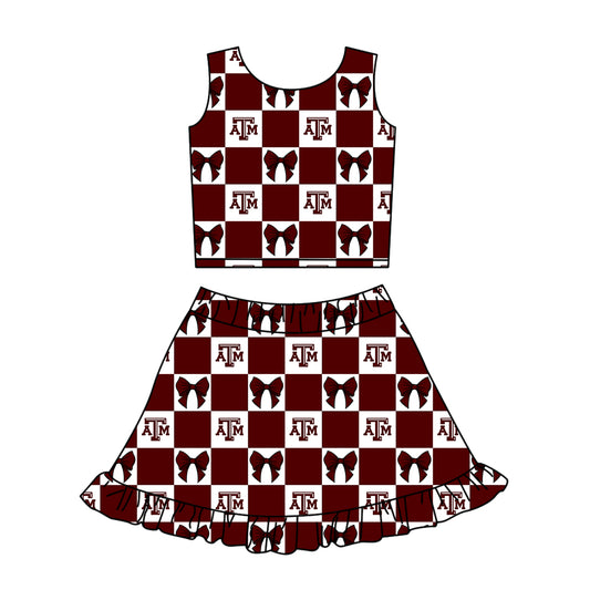 Custom Milk Silk Order MOQ:3 or 5 pcs Each Design Team State Girl Summer Bow Dark red Sleeveless Skirts Sets-26.1.20