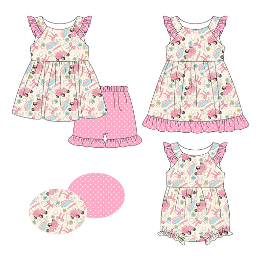 26.1.8 Custom MOQ:3 or 5 pcs each design milk silk Sibling baby girl clothes bow egg short sleeve shorts sets and dress and romper